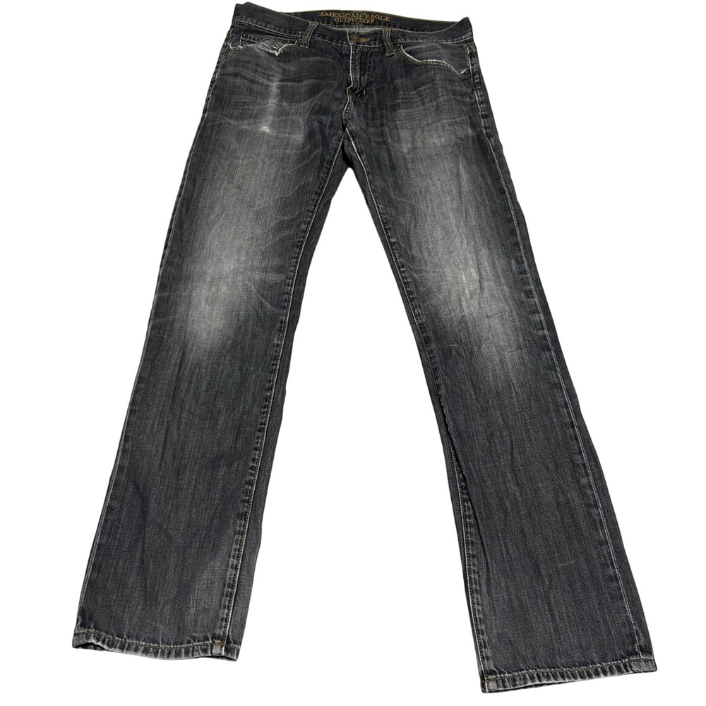 American Eagle Slim Straight Jeans Mens 32 34 Black Faded Distressed Denim